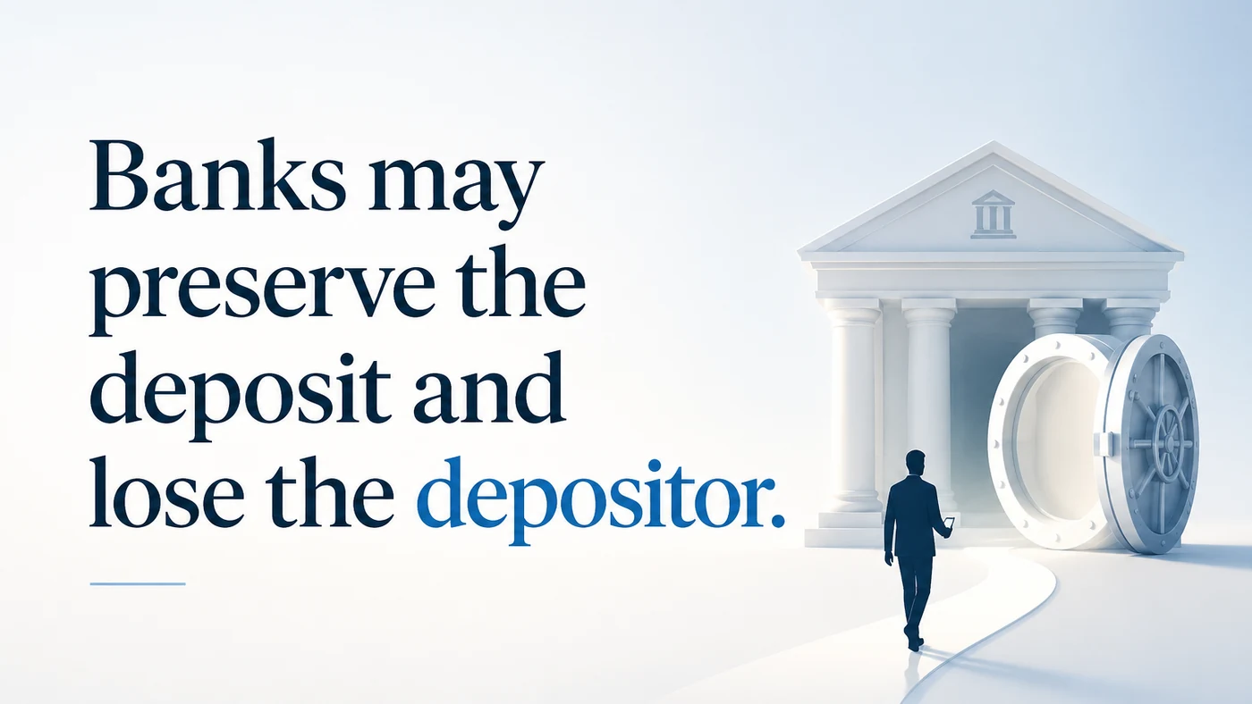 Banks may preserve the deposit and lose the depositor — a figure walking away from a bank building and its open vault.